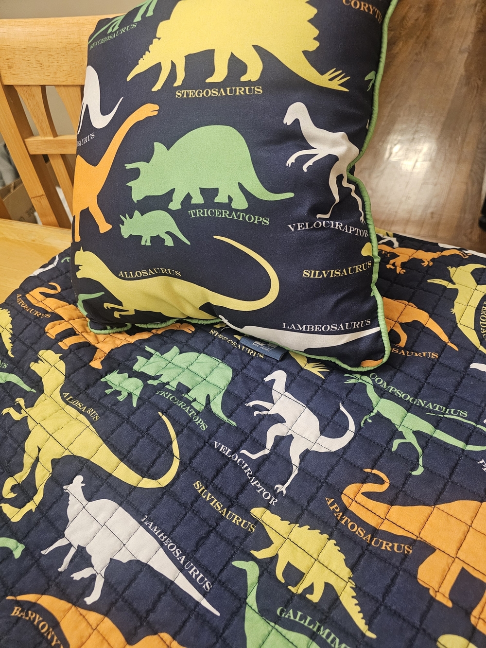 Dinosaur Print Pillow and Quilt Set - Navy with Green, Yellow & Orange